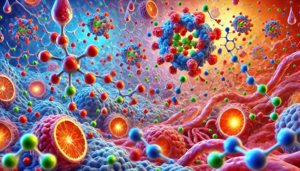 DALL·E 2024 12 14 19.54.22 A realistic and detailed depiction of antioxidant and anti inflammatory activity at a molecular level. The scene shows free radicals represented as ag