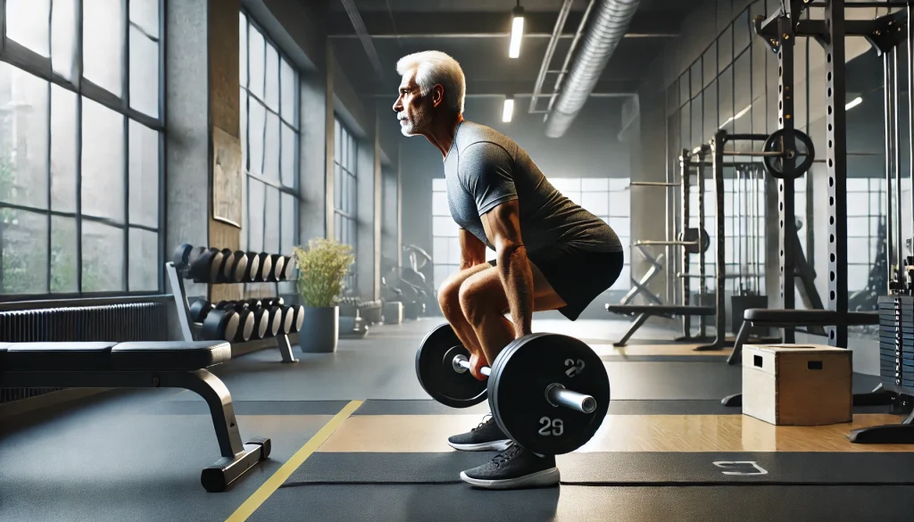 DALL·E 2024 12 14 20.13.47 A realistic and inspiring image of an older adult performing strength training with heavier weights in a clean and professional gym setting. The scene