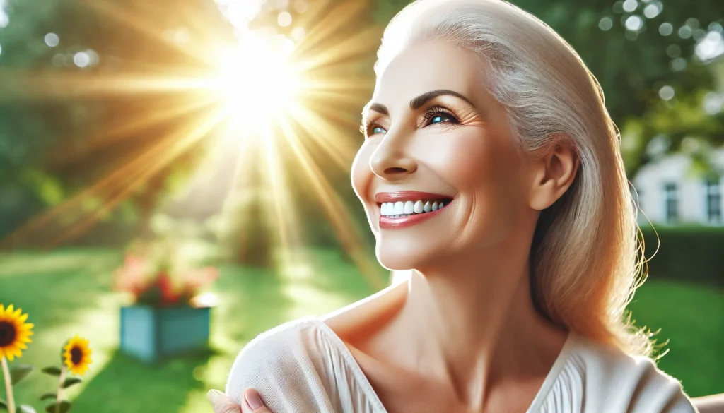 DALL·E 2024 12 14 20.14.27 A realistic and uplifting image of a joyful older adult outdoors basking in sunlight to symbolize the benefits of vitamin D. The individual is smilin