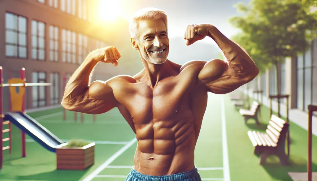 DALL·E 2024 12 14 20.16.31 A realistic and inspiring image of an older adult with well defined muscle tone symbolizing strength and health. The individual is flexing or perform