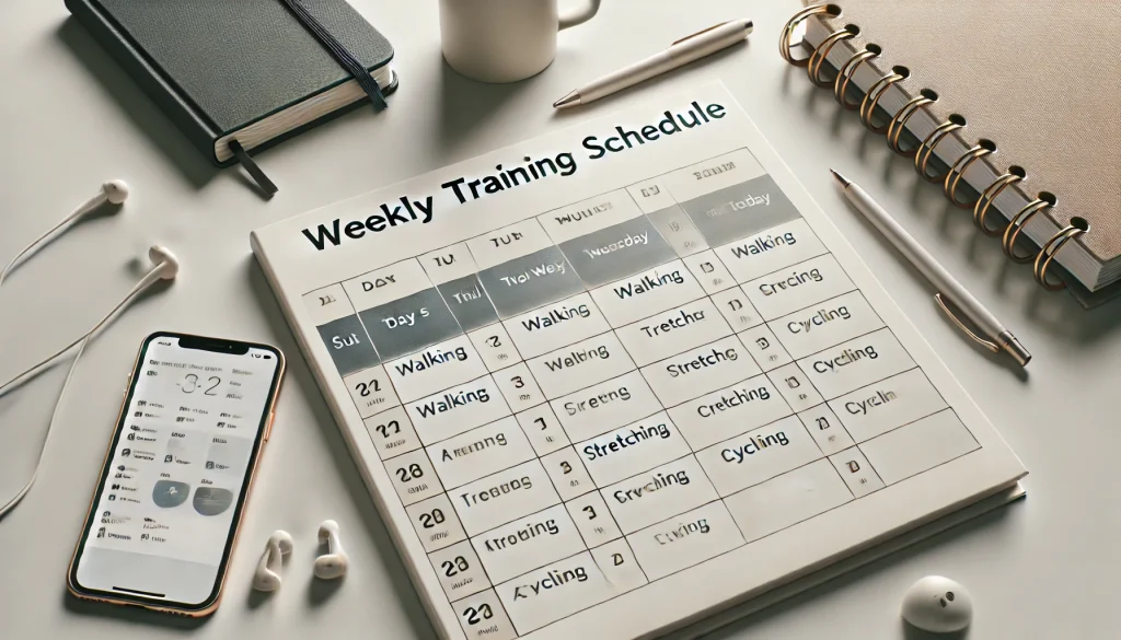 ¿Qué es un microciclo, mesociclo y macrociclo de entrenamiento? 9 DALL·E 2024 12 14 20.33.26 A clean and generic image of a weekly training schedule displayed on a table or planner. The table includes simple categories like days of the week a