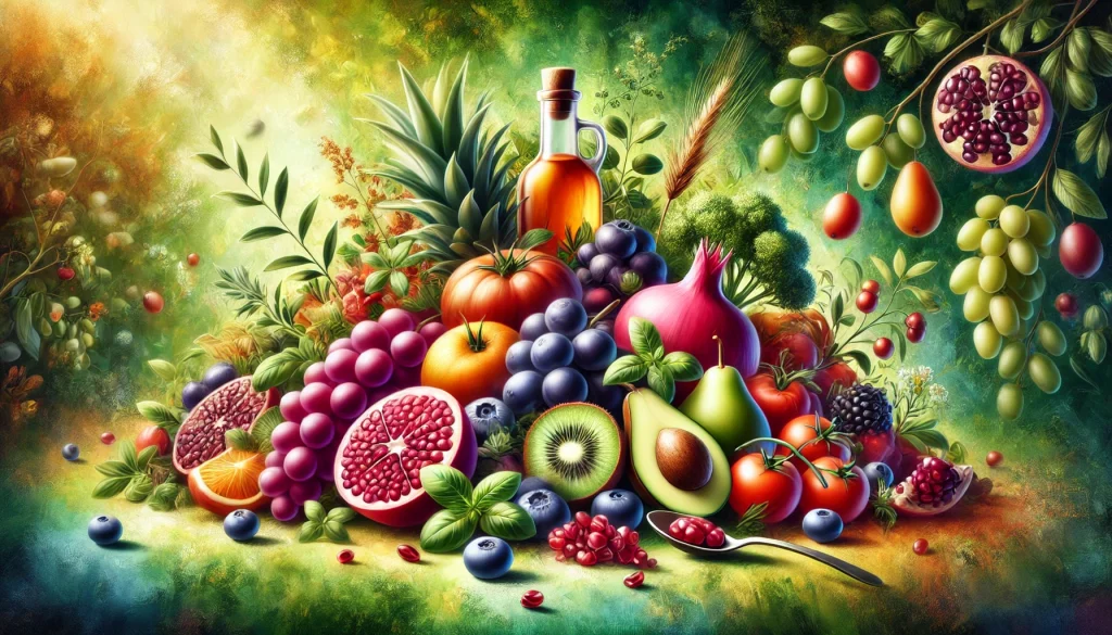 DALL·E 2024 12 14 21.59.28 A vibrant and artistic representation of polyphenols featuring a colorful array of fruits vegetables and herbs rich in antioxidants. Include elemen