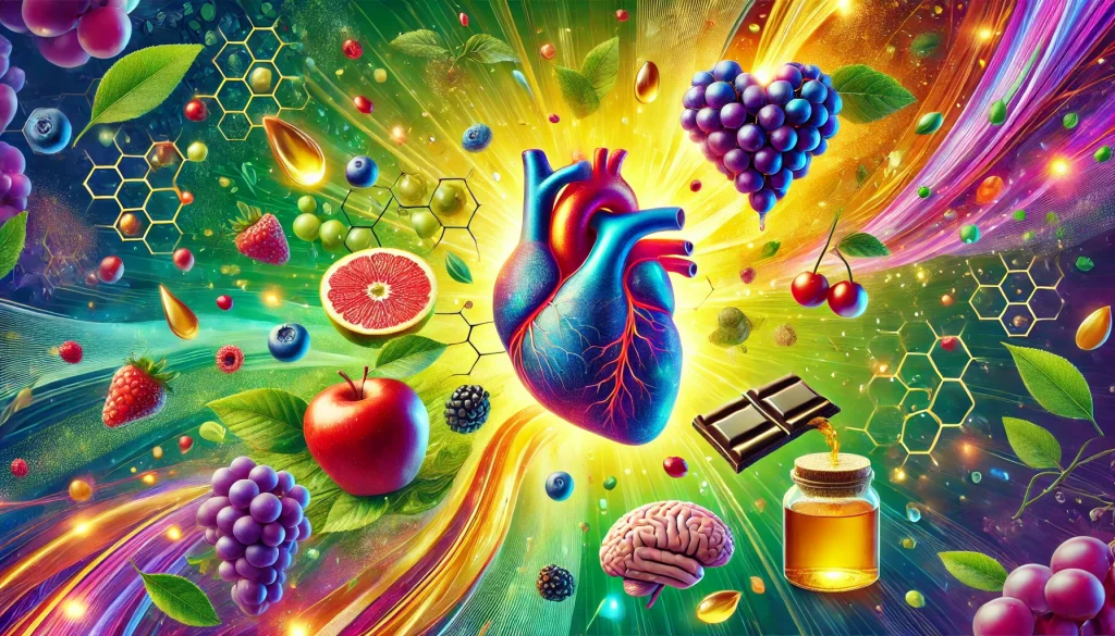 DALL·E 2024 12 14 22.00.57 A vibrant and conceptual image illustrating the health benefits of polyphenols. Show elements symbolizing antioxidant activity such as glowing fruits