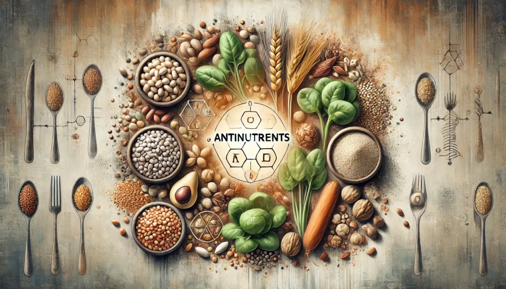 DALL·E 2024 12 14 22.06.14 An artistic representation of antinutrients showing foods that commonly contain them such as legumes beans lentils whole grains nuts and spina
