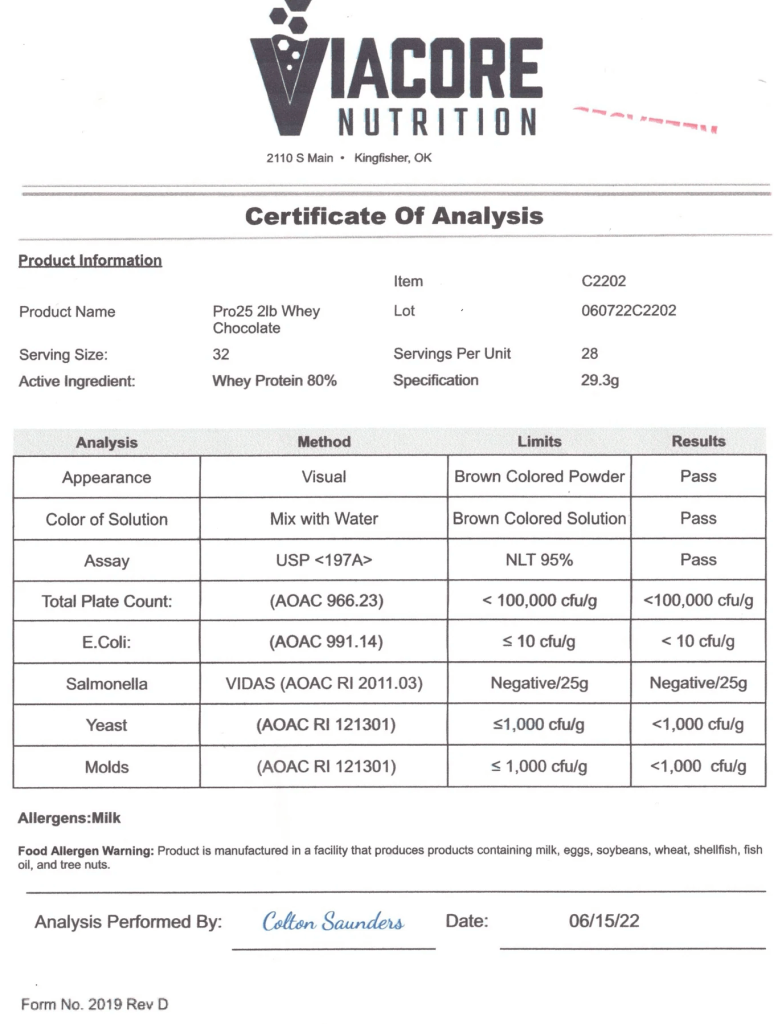 Certificado de análisis proteína en polvo