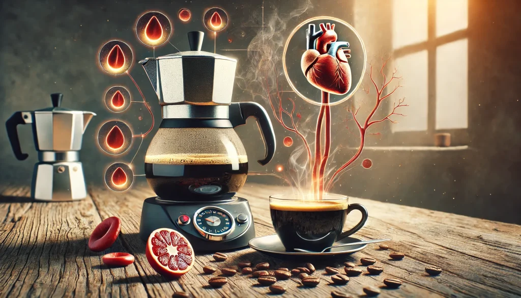 DALL·E 2024 12 15 01.29.24 A conceptual image of unfiltered coffee and its connection to cholesterol featuring a steaming cup of coffee alongside a filterless coffee maker. The