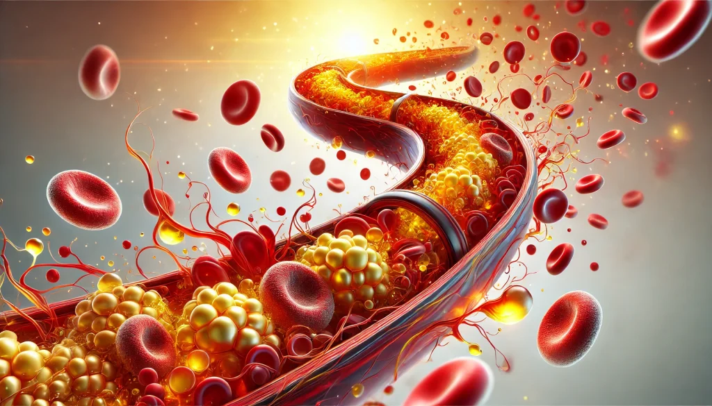DALL·E 2024 12 15 01.38.16 A visually striking representation of high cholesterol showing a symbolic artery with plaque buildup and blood cells flowing through it. The composit