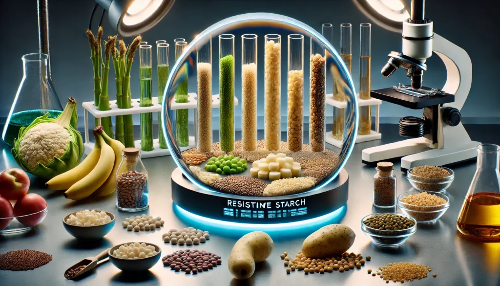 DALL·E 2025 01 04 01.45.29 A visually engaging scene showcasing the concept of resistant starch focusing on a scientists workspace with test tubes and microscopic views of sta