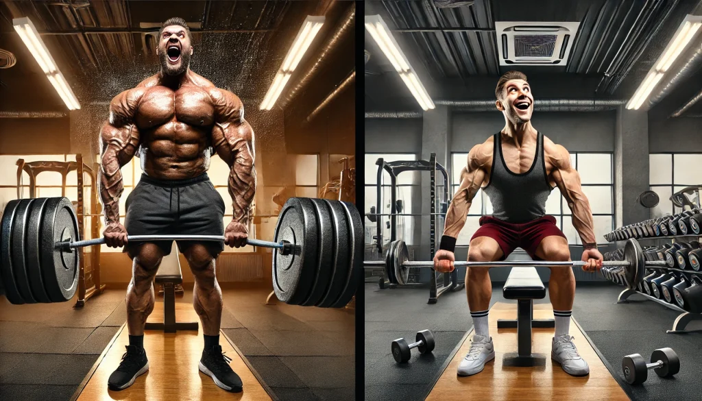 ¿Es necesario levantar mucho peso para ganar masa muscular? 1 DALL·E 2025 01 04 02.06.02 A highly exaggerated split screen comparison showing two strong individuals lifting weights in a gym. On the left a heavily muscular person is liftin