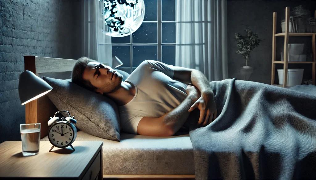 DALL·E 2025 01 04 02.27.04 A realistic depiction of a person experiencing muscle spasms during sleep. The scene shows a man or woman lying in bed at night with a slightly tense