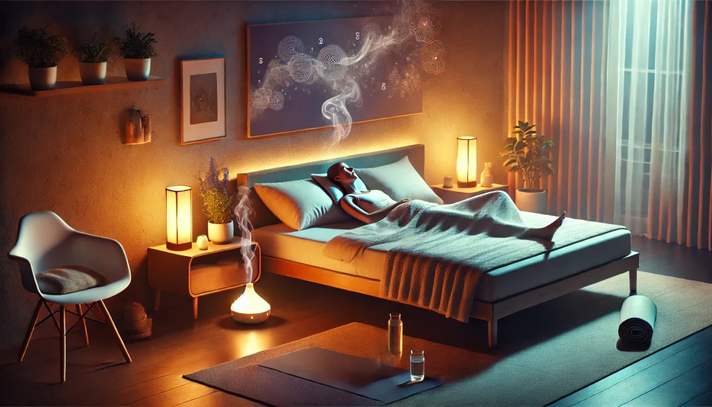 DALL·E 2025 01 04 02.27.40 A serene bedroom scene illustrating strategies to prevent muscle spasms during sleep. The focus is on a peaceful sleeping environment showing a perso