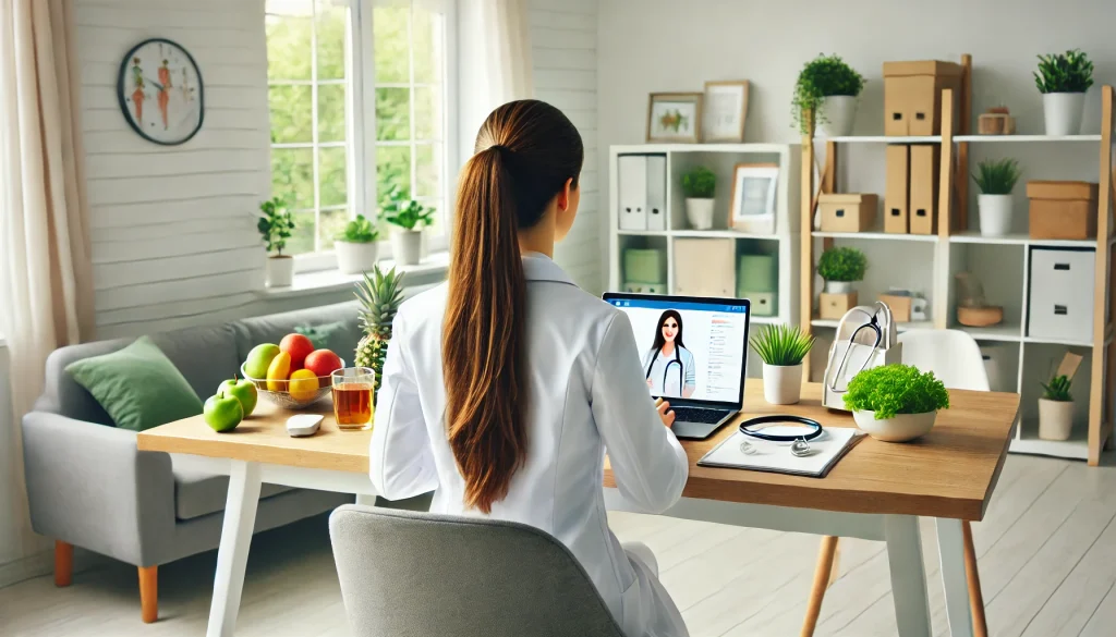 DALL·E 2025 02 01 13.58.03 A professional dietitian nutritionist seen from the back sitting at a modern desk with a laptop consulting online. The setting is a bright and clean