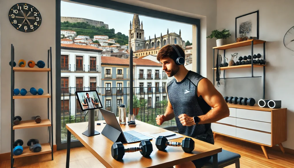 DALL·E 2025 02 01 14.27.07 A personal trainer in Lugo Spain conducting an online fitness coaching session from a modern home office. The trainer is sitting at a desk with a la