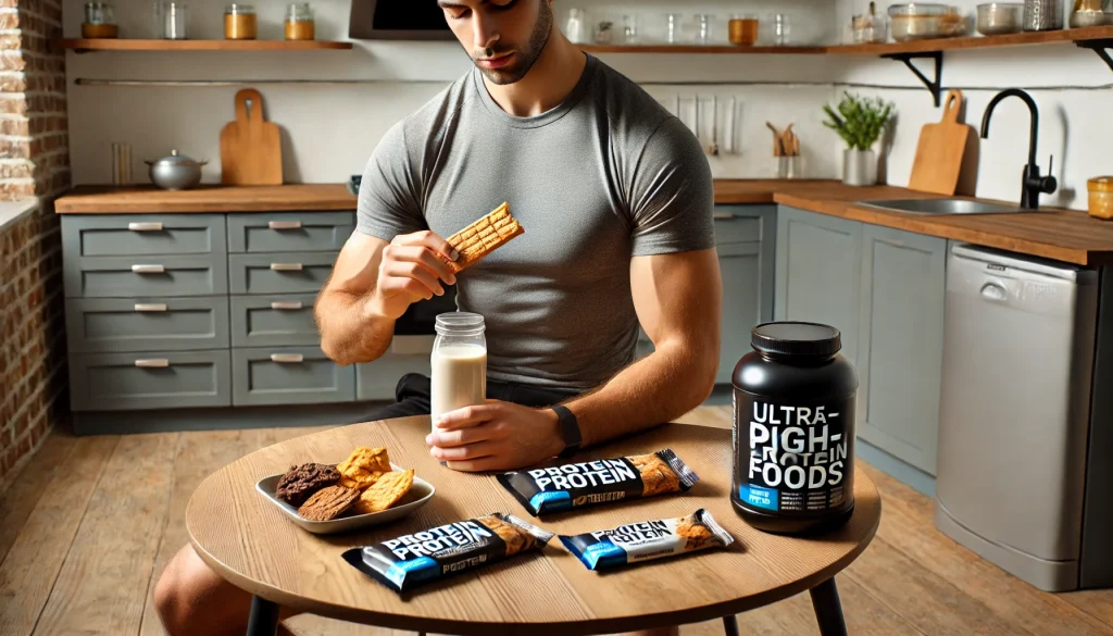 DALL·E 2025 02 01 14.37.57 A person sitting at a modern kitchen table eating ultra processed high protein foods. They are holding a protein bar in one hand and a bottle of flav