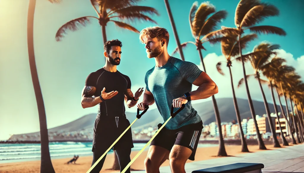 DALL·E 2025 02 01 14.58.35 A personal trainer in Las Palmas Spain coaching a client outdoors near the beach. The trainer is fit wearing athletic clothing and guiding the cli