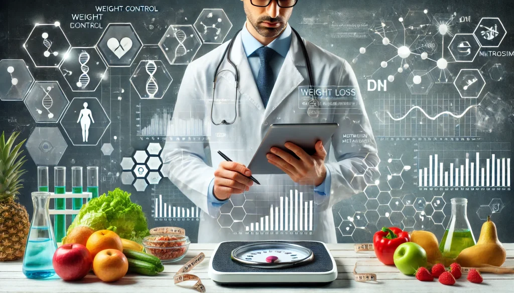 DALL·E 2025 02 01 15.33.44 A conceptual and scientific representation of weight control supported by scientific evidence. The image features a researcher in a lab coat analyzing