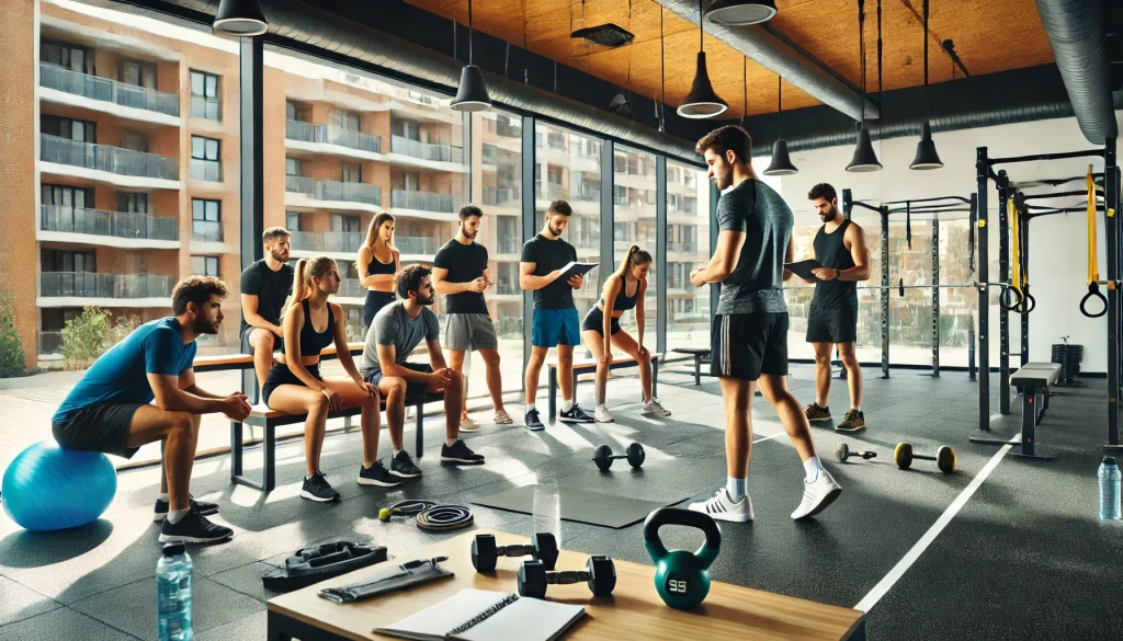 DALL·E 2025 02 01 16.14.50 A modern and well equipped gym in Valladolid Spain with a group of people attending a personal trainer course. The trainer wearing a sports uniform