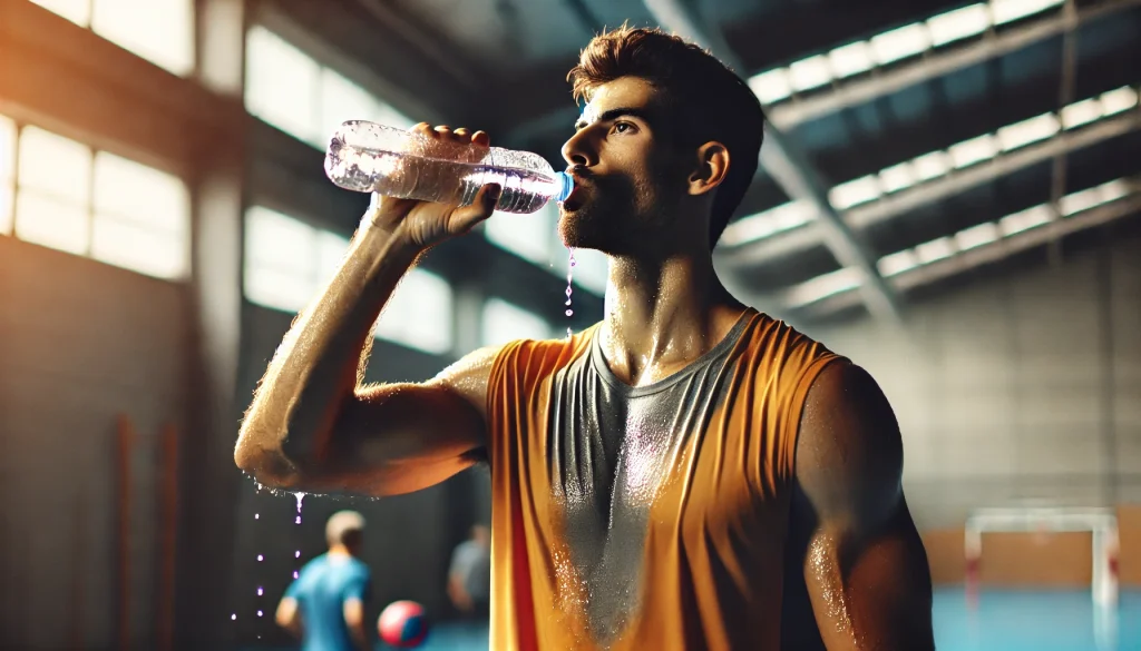 ¿Qué beber durante el entrenamiento? 11 DALL·E 2025 02 01 16.40.02 Un deportista bebiendo agua despues de un entrenamiento intenso. Se nota el sudor en su rostro y la sensacion de hidratacion. Esta en un entorno depor