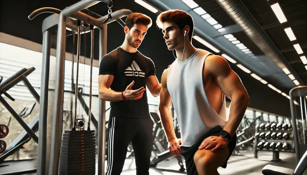 DALL·E 2025 02 01 16.50.34 Un entrenador personal en un gimnasio de Lleida guiando a un cliente en un ejercicio. El entrenador luce profesional con ropa deportiva y actitud mo
