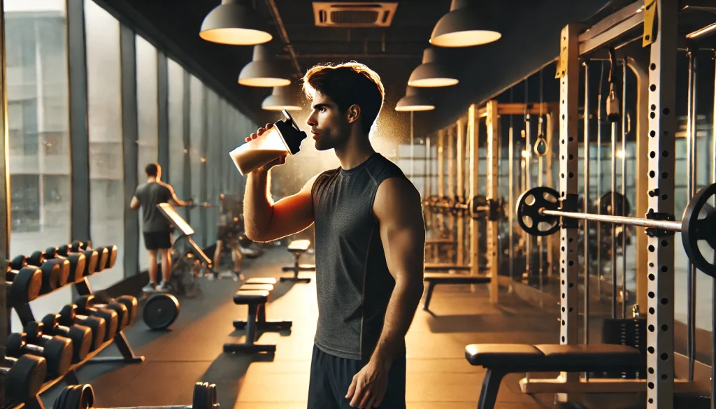 DALL·E 2025 02 01 17.15.34 Una persona en el gimnasio bebiendo un batido de proteinas. La persona viste ropa deportiva y sostiene una coctelera mientras descansa despues de entr