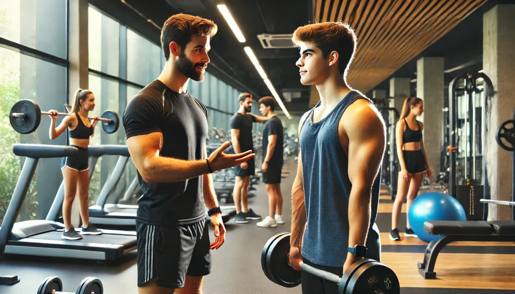 DALL·E 2025 02 01 22.56.49 Un entrenador personal guiando a un cliente en un gimnasio moderno en Leon Espana. El entrenador es un hombre atletico con ropa deportiva negra sena
