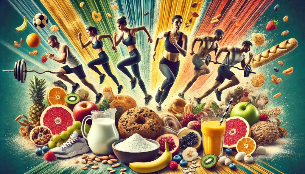 10 consejos para hacer una buena etapa de definición 11 DALL·E 2025 02 02 14.35.42 Una composicion visual que muestra diferentes fuentes de carbohidratos segun el tipo de actividad fisica. En un lado alimentos como pan pasta y arro
