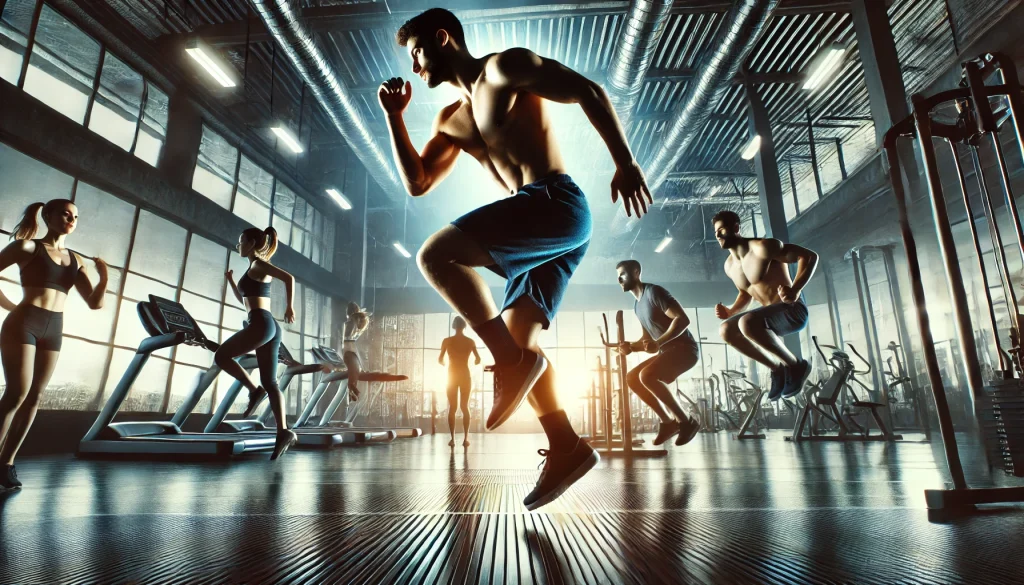10 consejos para hacer una buena etapa de definición 7 DALL·E 2025 02 02 14.38.24 Una persona realizando diferentes formas de entrenamiento cardiovascular en un gimnasio moderno. En una parte de la imagen esta corriendo en una cint