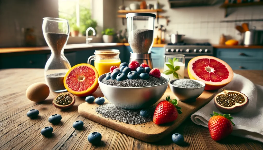 DALL·E 2025 02 02 15.09.55 Un cuenco con semillas de chia remojadas en agua o leche acompanado de frutas frescas como fresas y arandanos. La imagen transmite un estilo de vida