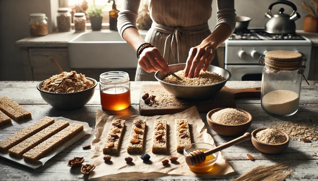 TOP 7 mejores barritas proteicas del mercado 35 DALL·E 2025 02 08 12.44.59 Una persona preparando barritas proteicas caseras en una cocina acogedora. Se ven sus manos mezclando ingredientes naturales como avena frutos secos