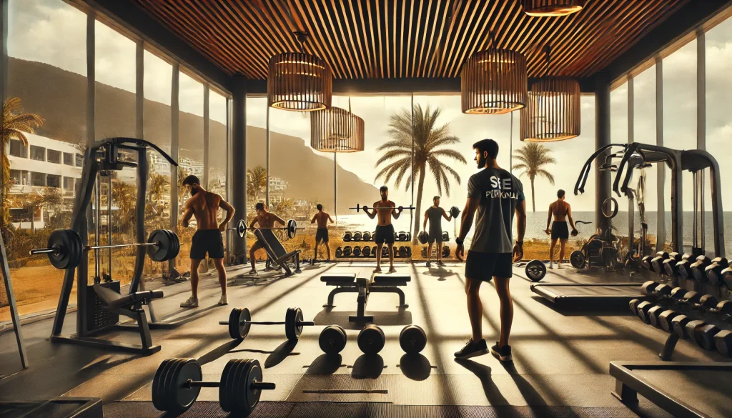 DALL·E 2025 02 02 00.23.11 Un gimnasio moderno y bien equipado en Canarias con grandes ventanales que dejan entrar la luz del sol y muestran un paisaje costero. Un entrenador p