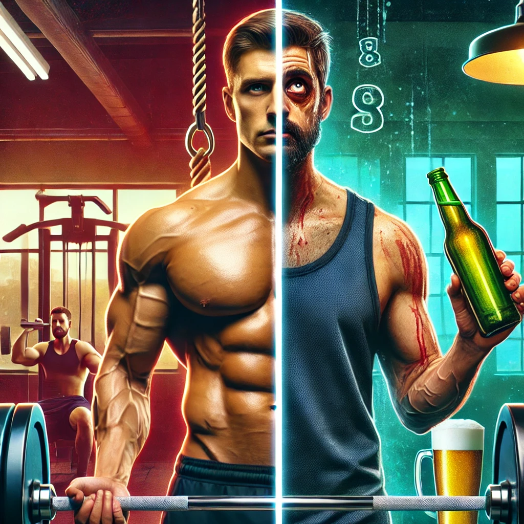 DALL·E 2025 03 10 14.01.28 A split image illustration showing the effects of alcohol on muscle growth. On the left a muscular man with a well defined physique lifting weights