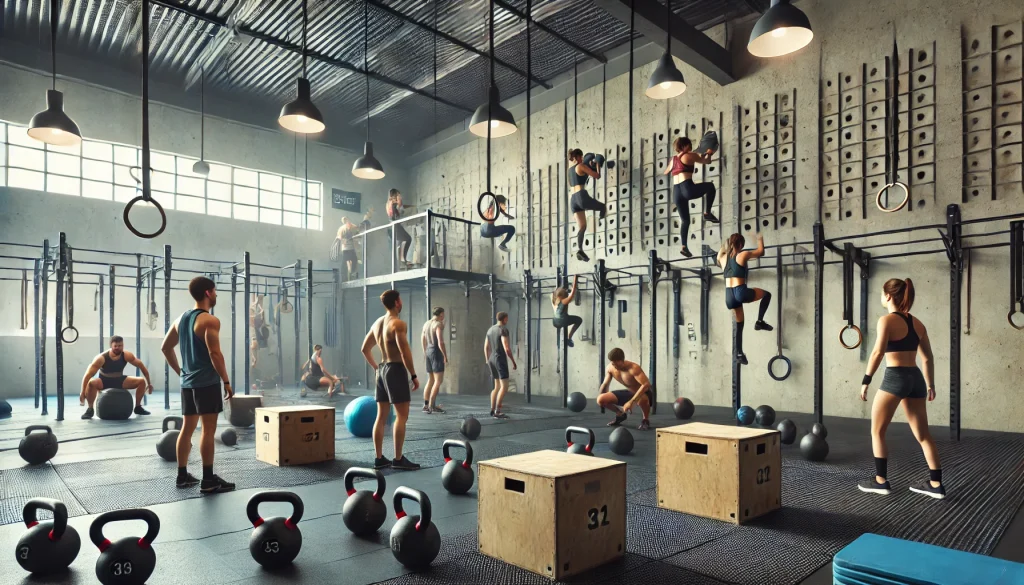 DALL·E 2025 04 12 14.13.05 Imagen realista y natural de diferentes tipos de box de CrossFit un gimnasio moderno con zonas diferenciadas. Una zona con pesas y kettlebells otra