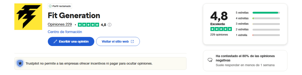Valoración en Trustpilot Fit Generation