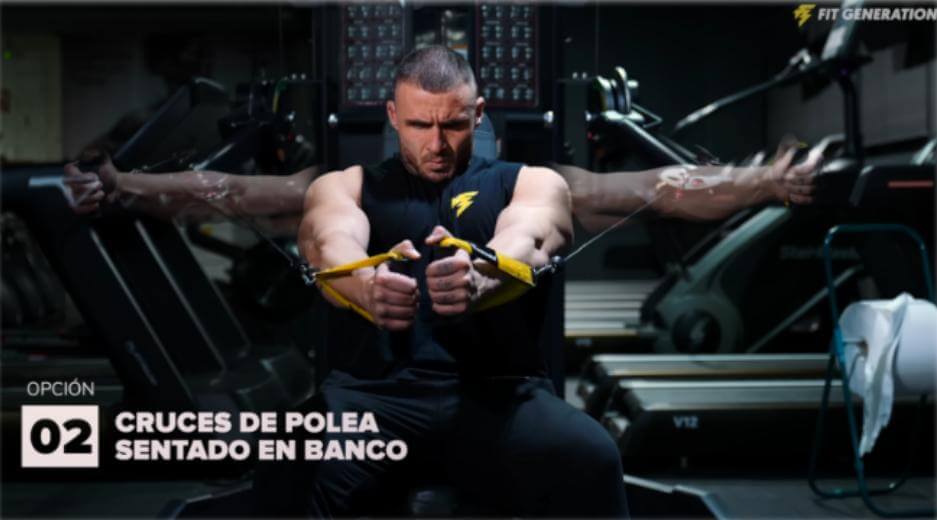La mejor rutina de pecho y espalda (Arnold) 21 Cruces de polea sentado en banco