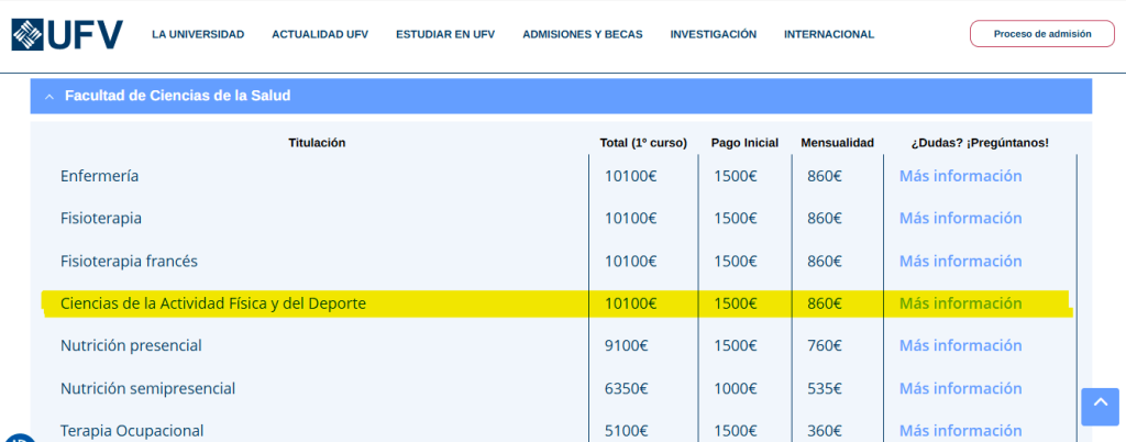 Precios UFV curso CAFYD