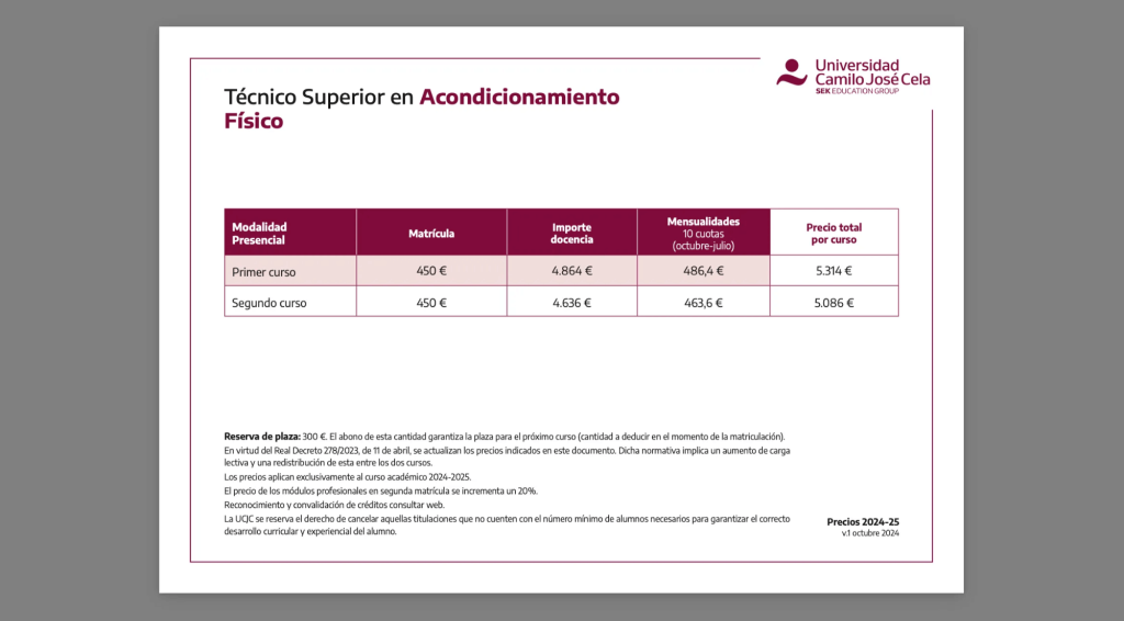 Precios FP acondicionamiento físico