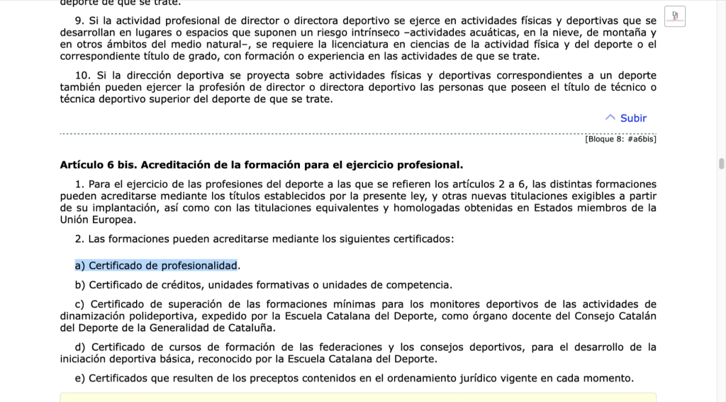 Ley ejercicio profesiones del deporte Cataluña