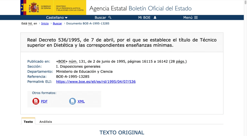 Decreto Técnico superior en Dietética