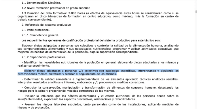 Capacidades profesionales Dietética.