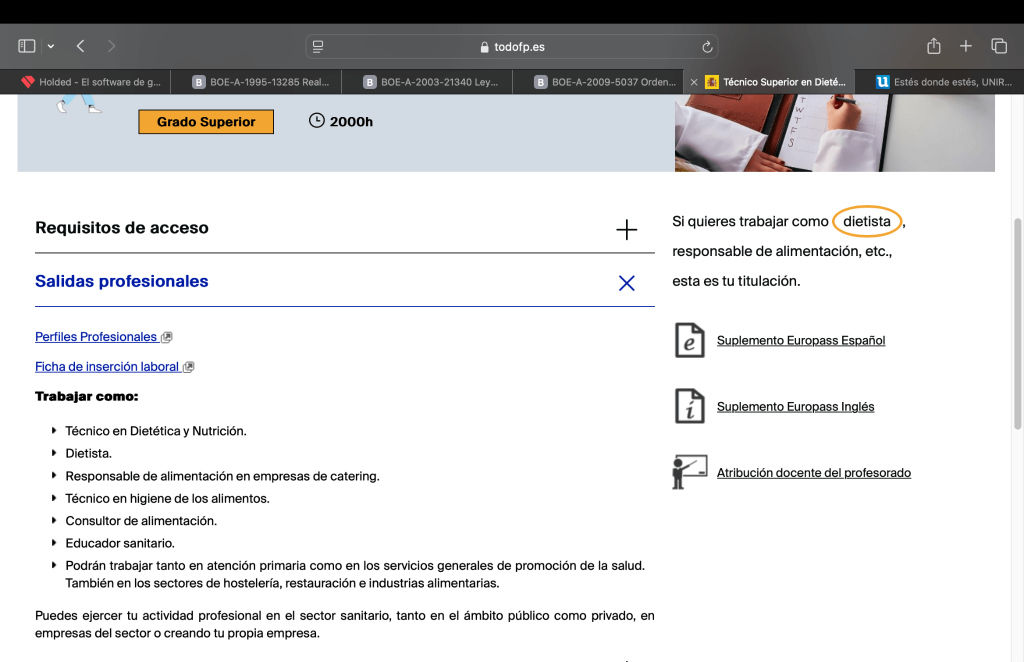 Salidas profesionales en Dietista