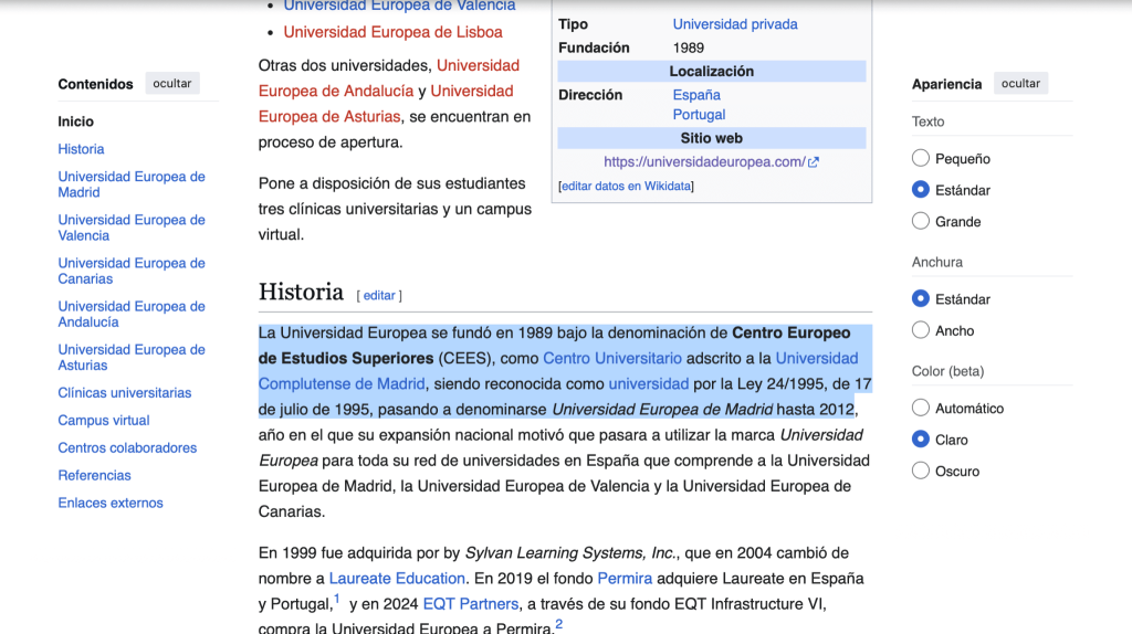Wikipedia sobre universidad Europea