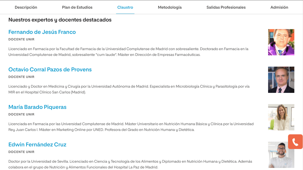 Profesores del grado en Nutrición UNIR