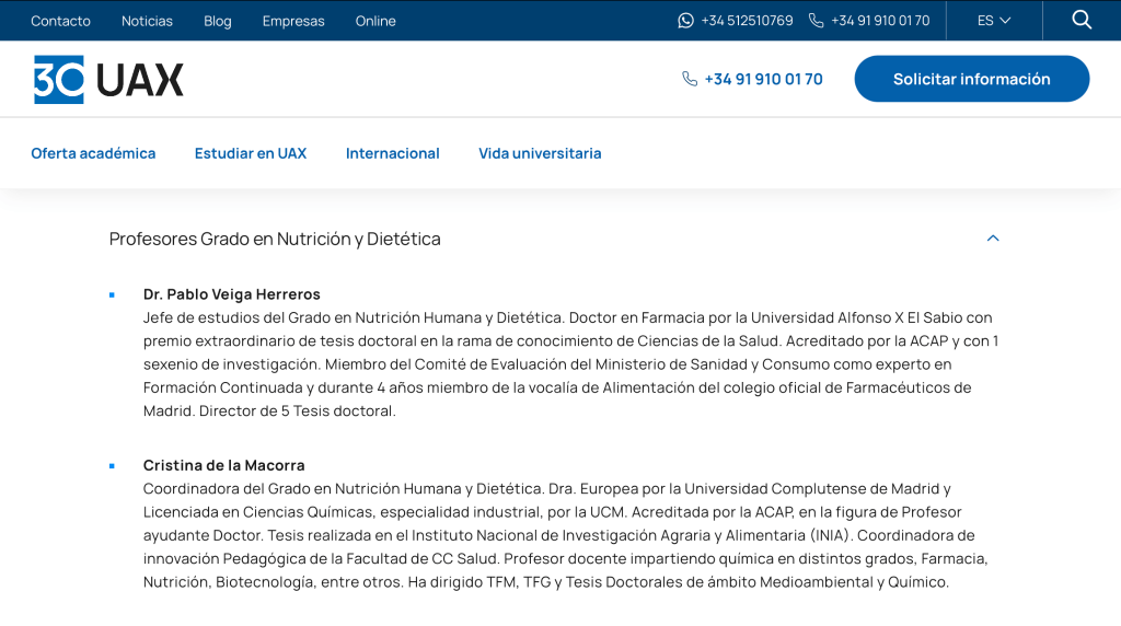 Profesores del grado en Nutrición UAX
