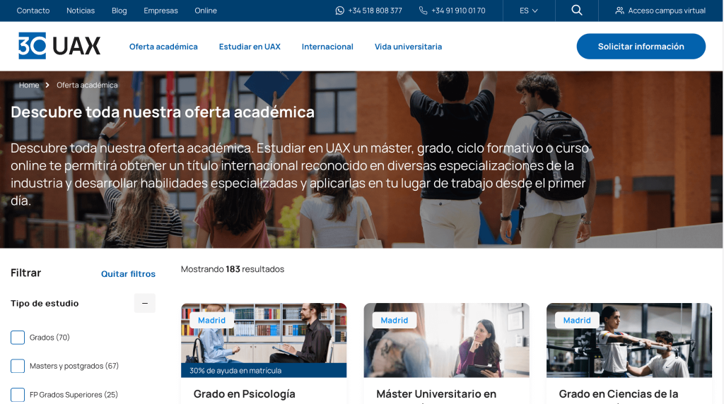 Oferta académica de la UAX 