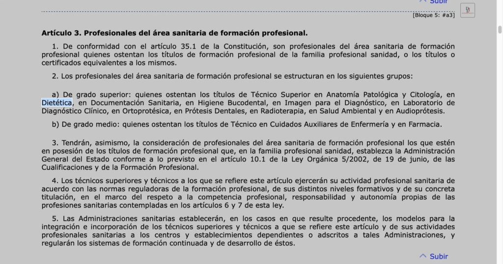 Ley sobre formación profesional Dietética