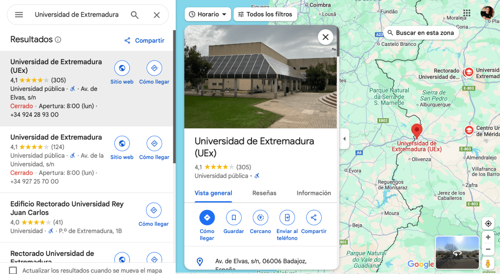 Universidad de Extremadura Google maps