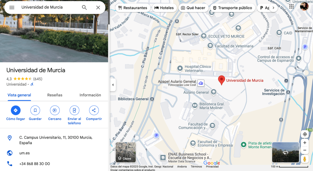 Universidad de Murcia Google maps