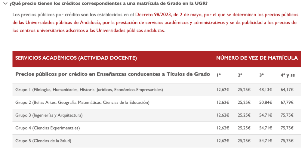 Web de la Universidad de Granada matrícula