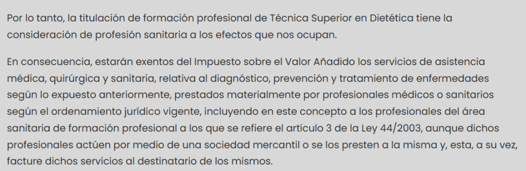 IVA en servicios dietéticos