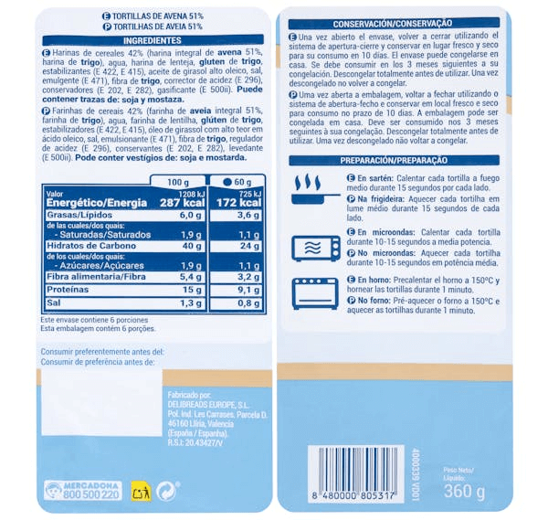 Ingredientes y valores nutricionales